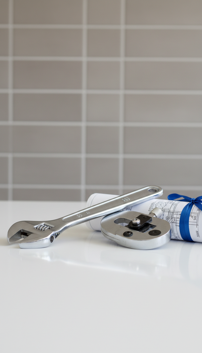 A meticulously organized selection of gleaming chrome plumbing tools—such as a heavy-duty adjustable wrench, precision pipe cutter, and neatly rolled blueprint—arranged on a pristine matte-white work surface. Subtle reflections shimmer across the cool metal surfaces, and neutral grey wall tiles form a soft, unfocused backdrop. Diffused, even daylight from an unseen window casts soft shadows, emphasizing the textures and clean lines. The mood is professional and reliable, with a sense of expert preparation. Shot at an eye-level angle for a straightforward, trustworthy feel, framed in a tightly balanced composition with photographic realism and a crisp, corporate aesthetic suitable for a trustworthy plumbing company’s homepage.