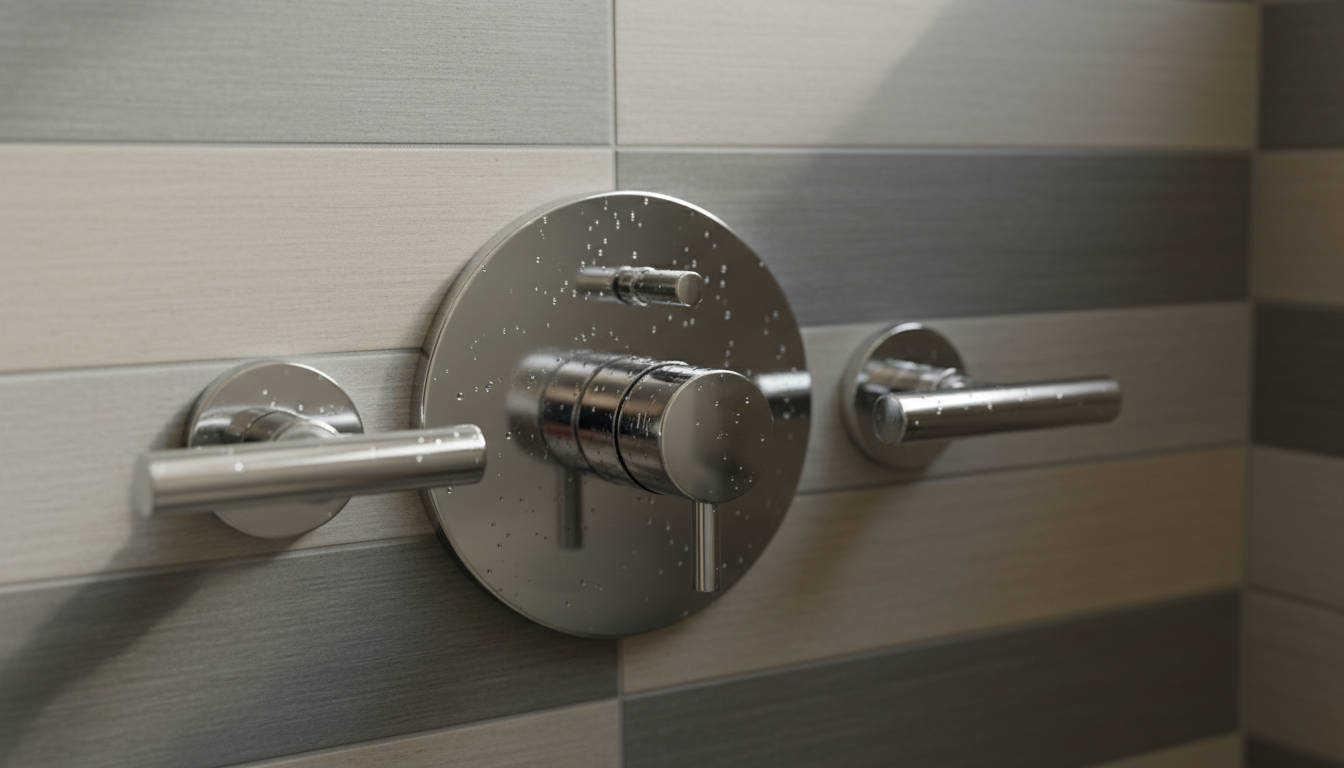 A gleaming chrome shower valve assembly elegantly mounted on a smooth matte-tiled bathroom wall in shades of pale taupe and grey. Clear droplets bead on the surface, hinting at precision installation and water-tight reliability. Cool, even ambient lighting from a nearby skylight softly accentuates contours and metallic finishes, creating gentle, controlled highlights with minimal reflections. The image is composed to highlight clean lines and structural symmetry, with a balanced rule-of-thirds placement. The mood remains calm and inviting, reinforcing the company’s expert, trustworthy service in a clean, high-quality photographic style.