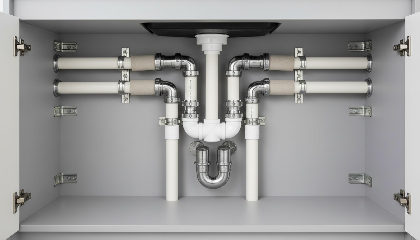 A detailed view of a precision-installed under-sink plumbing system, featuring crisp, white PVC pipes and polished metal connectors impeccably aligned within a modern cabinet with soft grey interior panels. Neutral-toned insulation and tidy fastening brackets emphasize order and expertise. Bright, diffused studio lighting ensures sharpness and clarity, with gentle soft shadows on the cabinet edges lending subtle dimension. The composition uses a centered, symmetrical layout shot at a straight-on angle, conveying transparency and trustworthiness. The photographic realism and structured aesthetic reinforce the professional image of a reliable plumbing service.