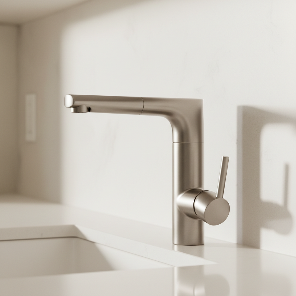 A close-up of a modern brushed stainless-steel kitchen faucet, precisely installed against a seamless white quartz backsplash and countertop. The faucet’s smooth curves and minimalist lever are highlighted by indirect natural light gently illuminating the surface, creating subtle highlights on the brushed texture. Warm, neutral tones dominate the space, and a shadow play on the wall adds gentle depth. Captured from a slightly elevated angle with a shallow depth of field, the setting feels clean, fresh, and professional. The image conveys a sense of careful workmanship and modern reliability, in a contemporary, clean photographic style adhering to a corporate, trustworthy atmosphere.